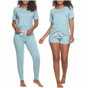 NWT Felina Women's 3 Piece Pajama Set Crew Neck Tee Jogger Shorts Blue Small